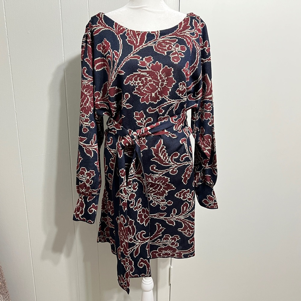 Zara Womens Floral Jacquard Knit Dress‎ Size L Navy Burgundy Belted Long Sleeve